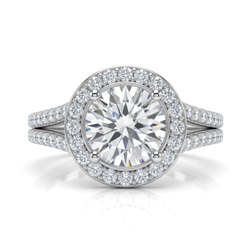 White Gold Round Halo Split Shank Diamond Engagement Ring