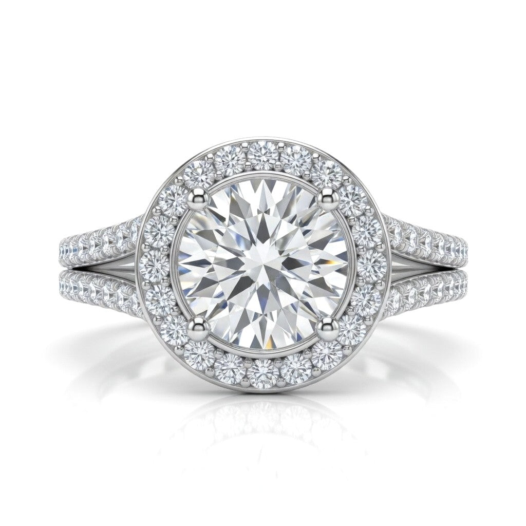Silver Round Halo Split Shank Diamond Engagement Ring