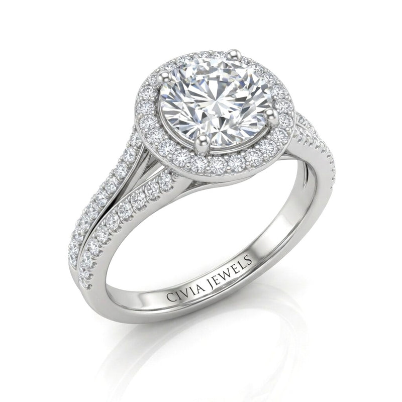 White Gold Round Halo Split Shank Diamond Engagement Ring