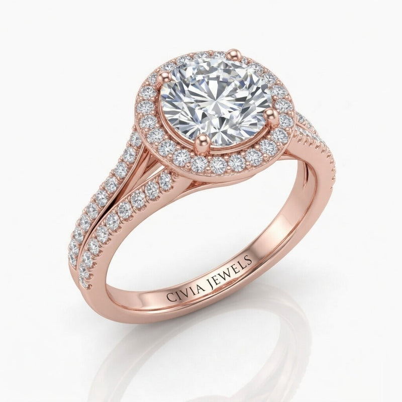 Rose Gold Round Halo Split Shank Diamond Engagement Ring