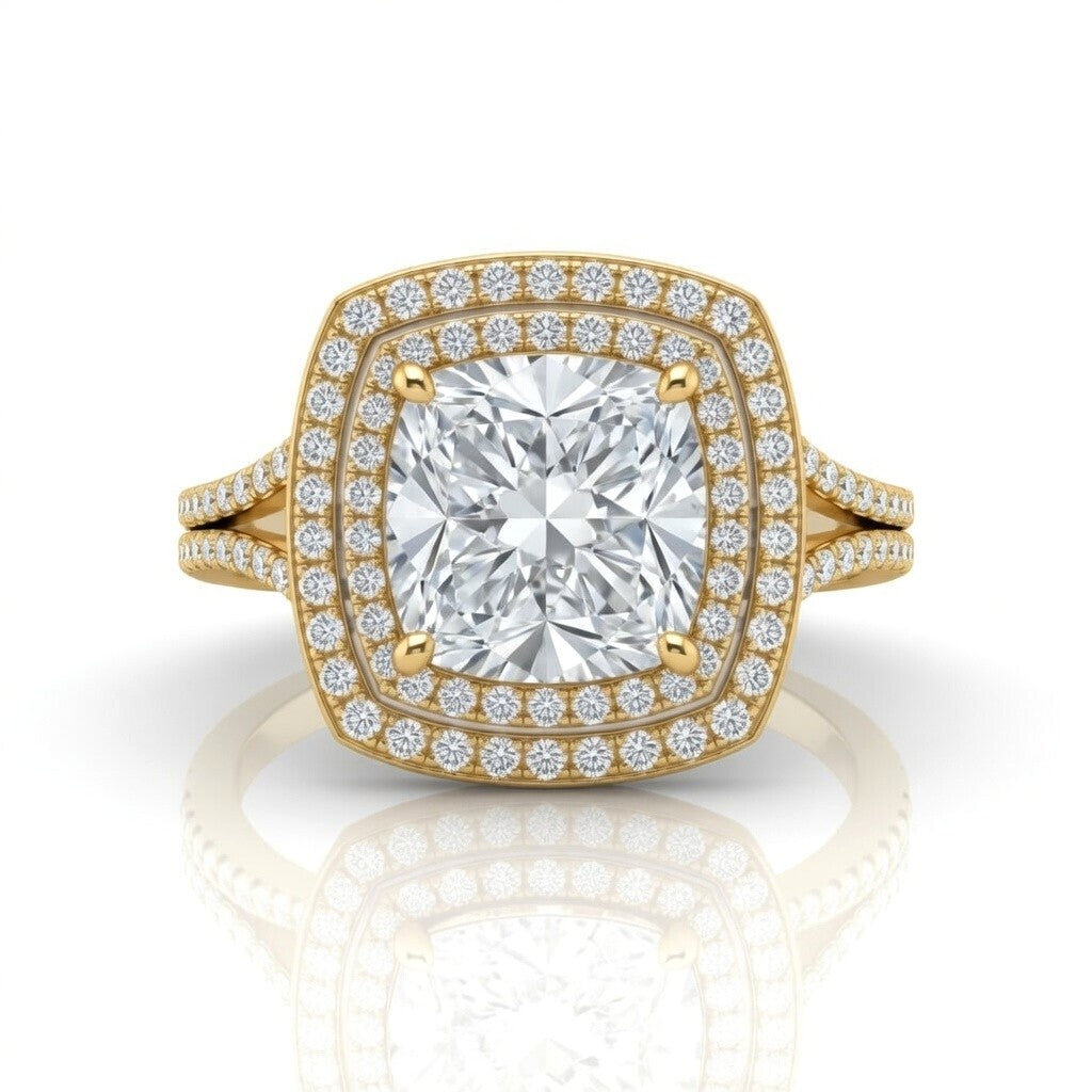 Yellow Gold Seraphina Cushion Double Halo Diamond Engagement Ring