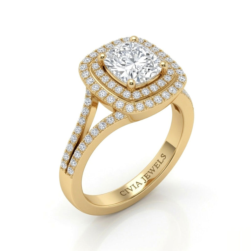 Yellow Gold Seraphina Cushion Double Halo Diamond Engagement Ring