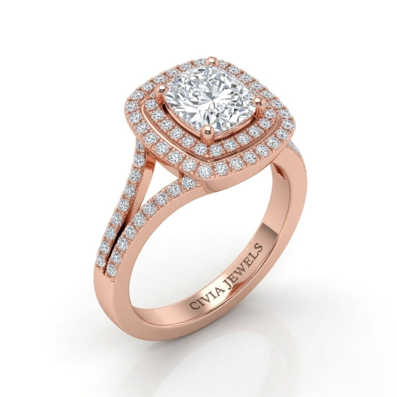 Rose Gold Seraphina Cushion Double Halo Diamond Engagement Ring