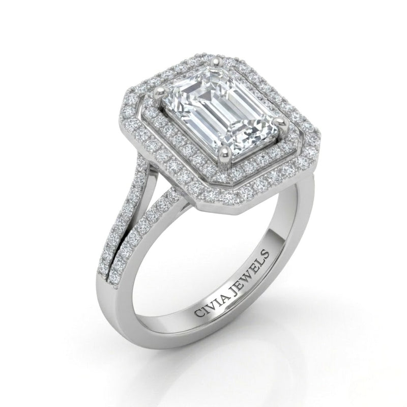White Gold Seraphina Emerald Double Halo Diamond Engagement Ring
