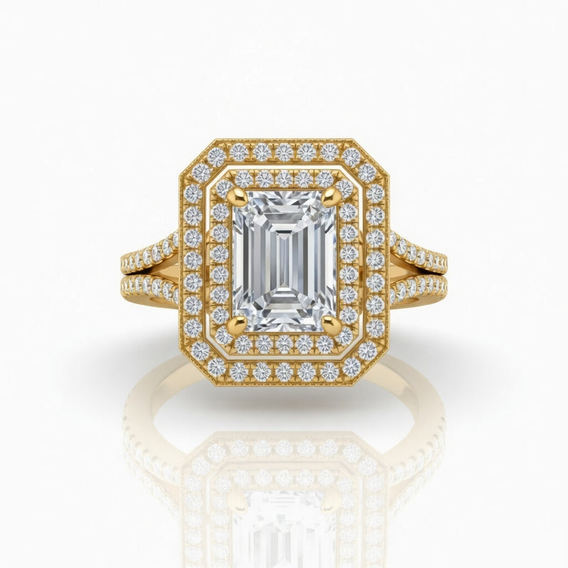 Yellow Gold Seraphina Emerald Double Halo Diamond Engagement Ring