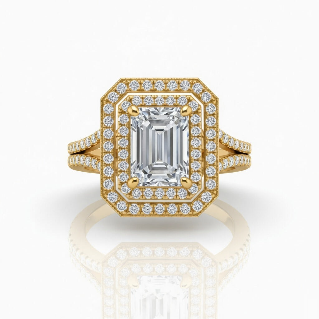 Yellow Gold Seraphina Emerald Double Halo Diamond Engagement Ring