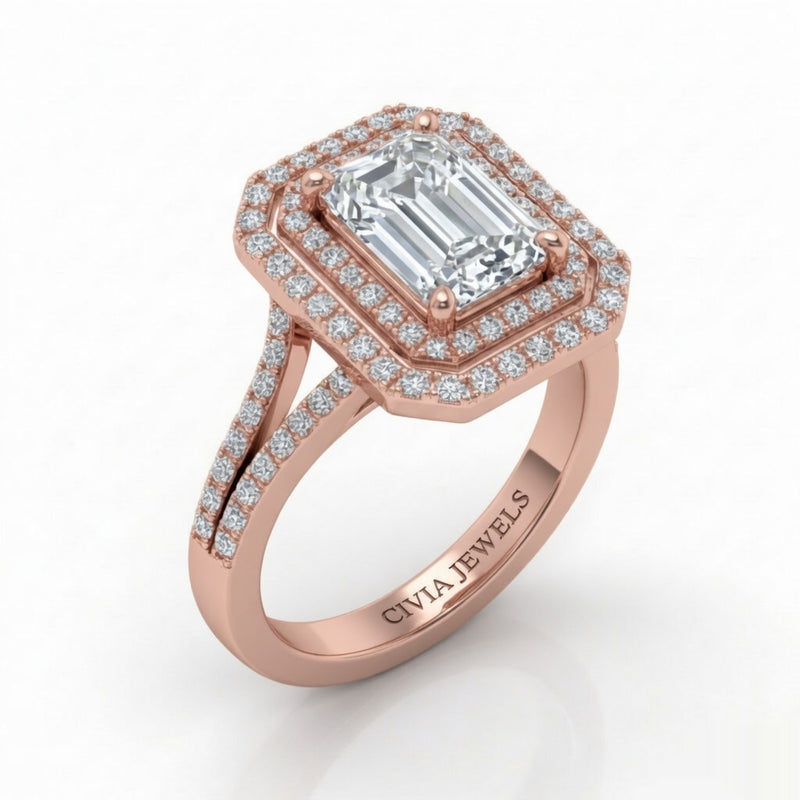 Rose Gold Seraphina Emerald Double Halo Diamond Engagement Ring