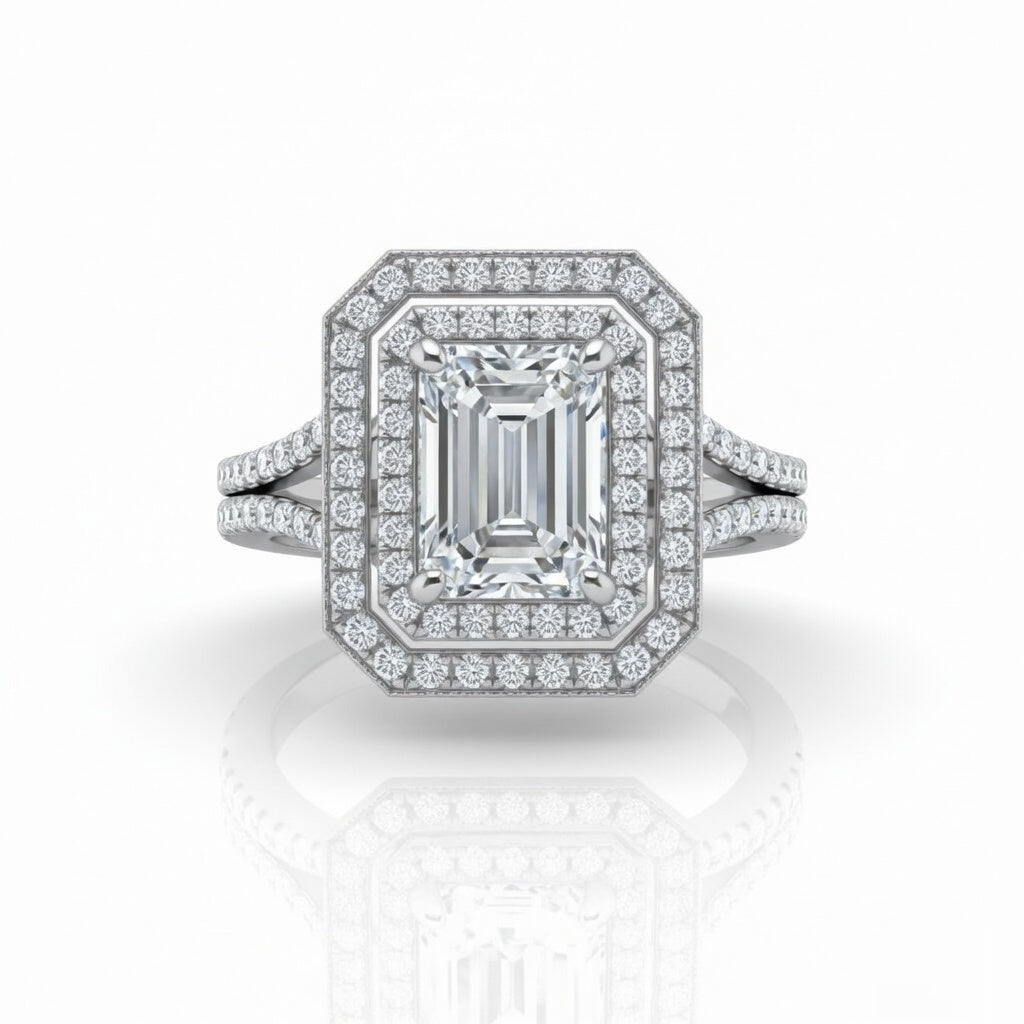 Silver Seraphina Emerald Double Halo Diamond Engagement Ring