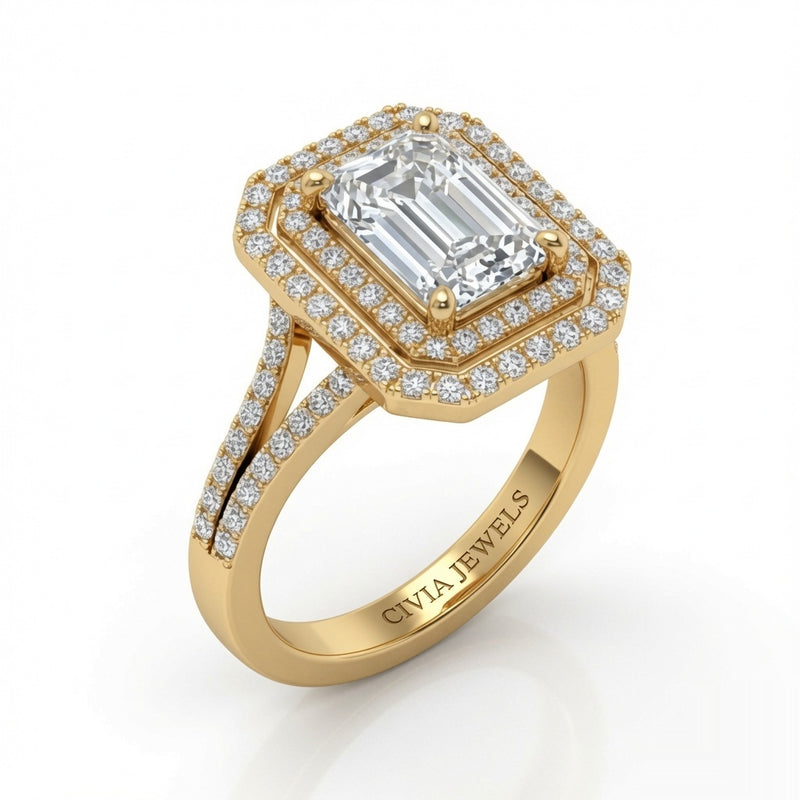 Yellow Gold Seraphina Emerald Double Halo Diamond Engagement Ring