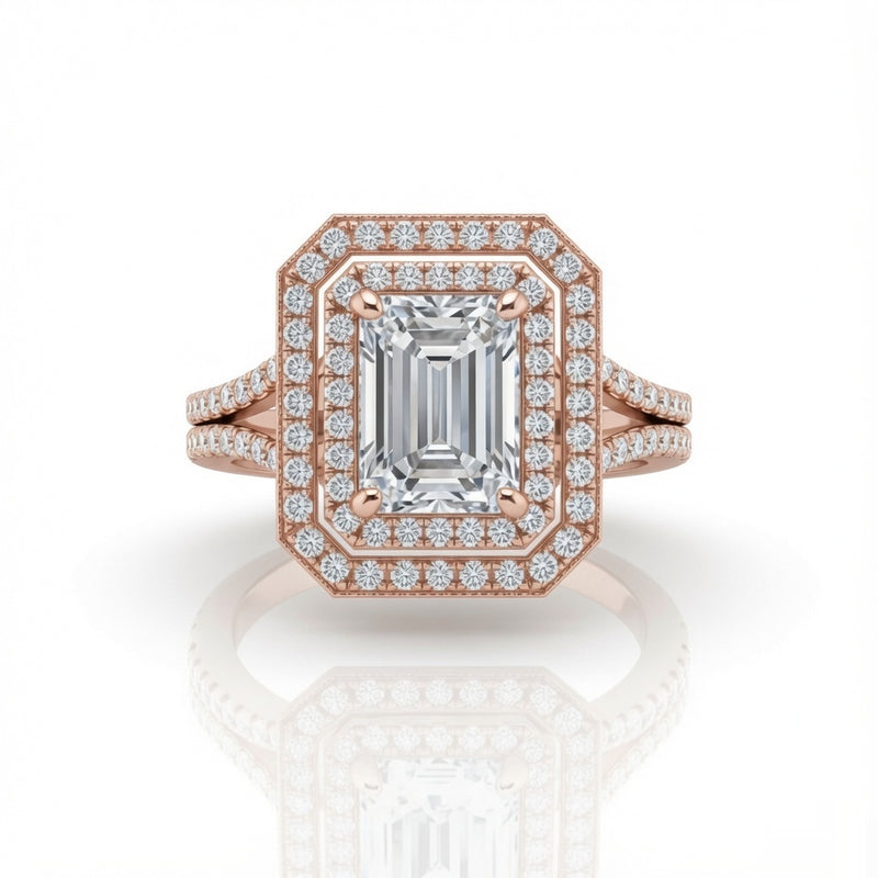 Rose Gold Seraphina Emerald Double Halo Diamond Engagement Ring