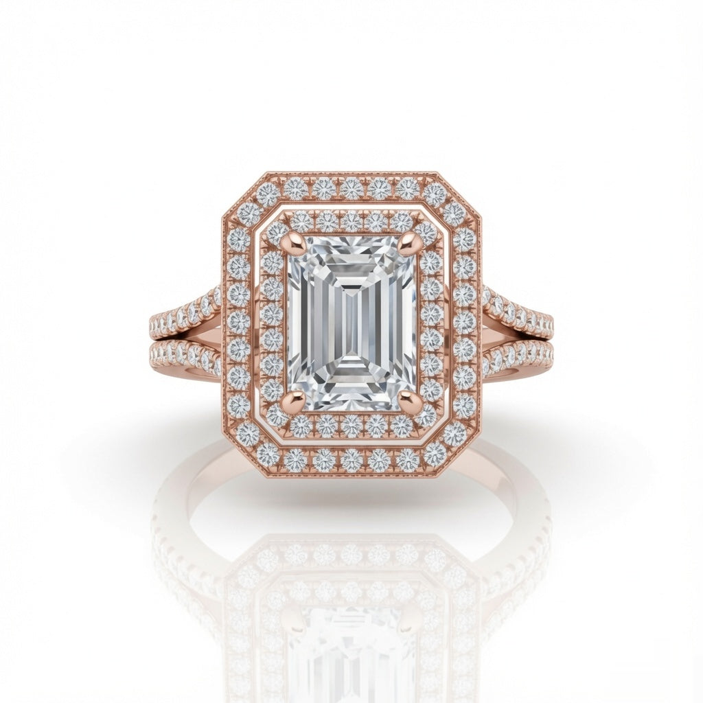 Rose Gold Seraphina Emerald Double Halo Diamond Engagement Ring