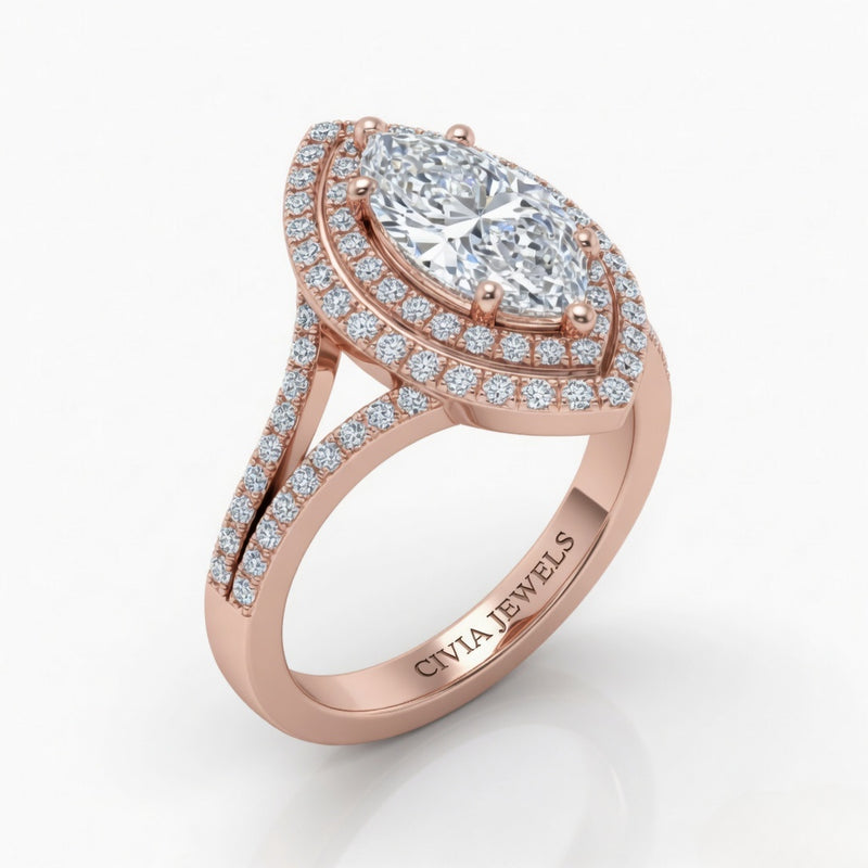 Rose Gold Seraphina Marquise Double Halo Diamond Engagement Ring