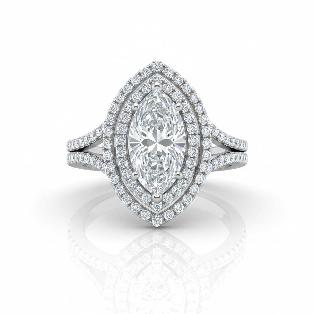 Silver Seraphina Marquise Double Halo Diamond Engagement Ring