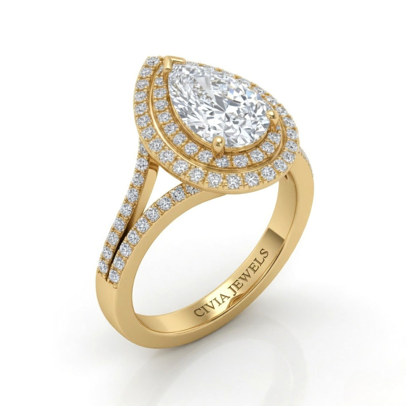 Yellow Gold Seraphina Pear Double Halo Diamond Engagement Ring