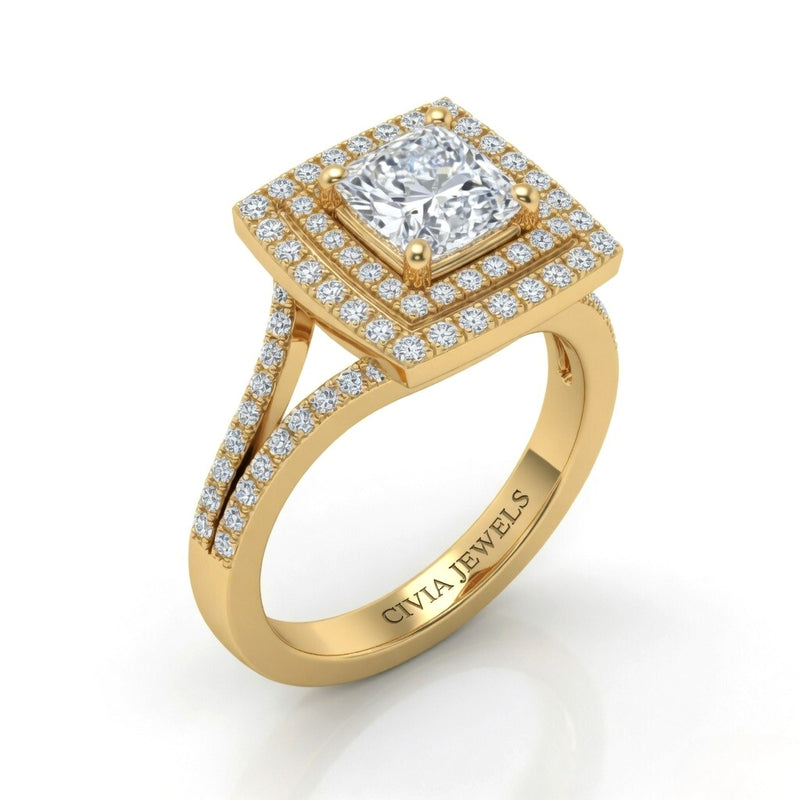 Yellow Gold Seraphina Princess Double Halo Diamond Engagement Ring