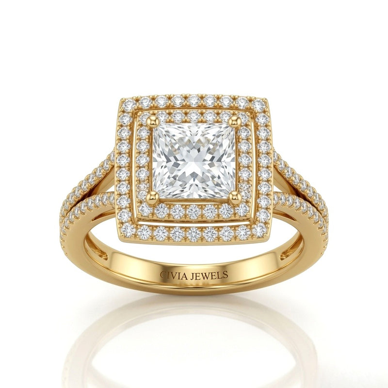 Yellow Gold Seraphina Princess Double Halo Diamond Engagement Ring