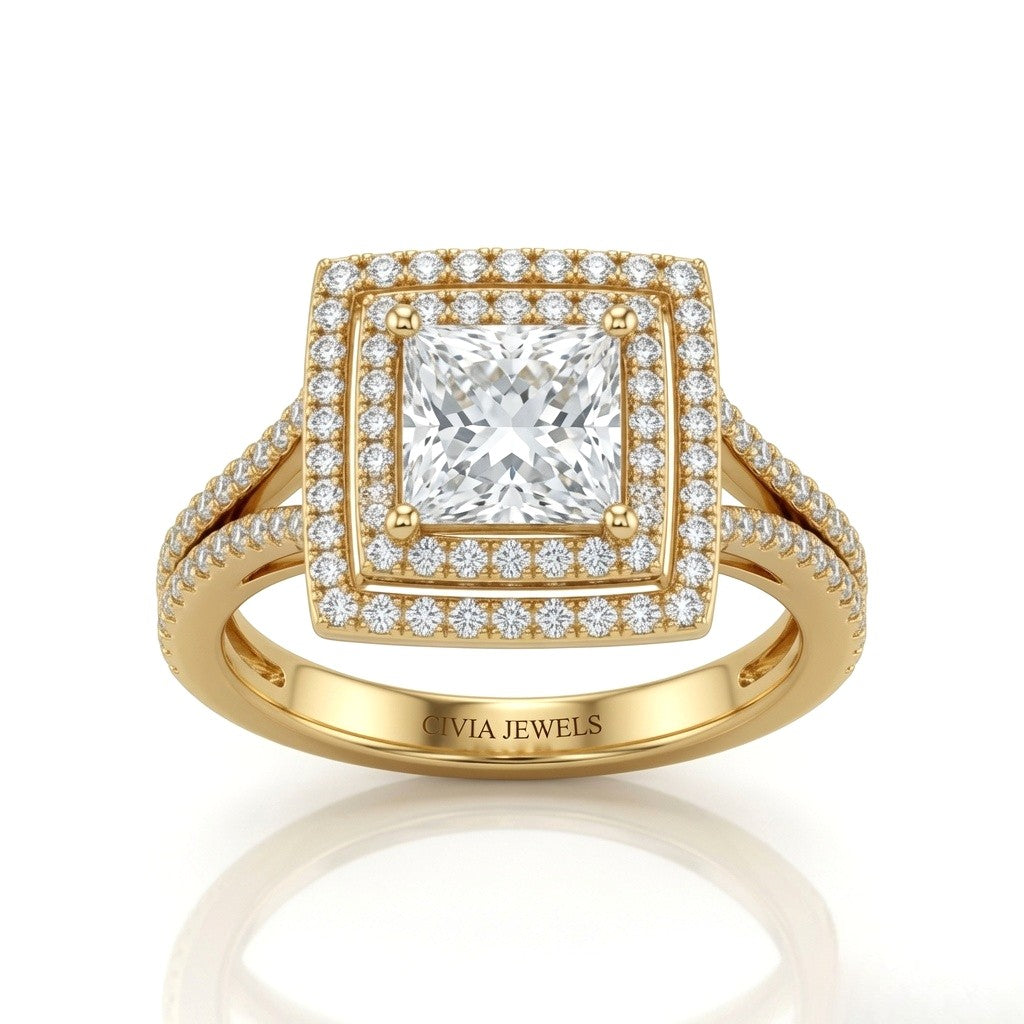 Yellow Gold Seraphina Princess Double Halo Diamond Engagement Ring