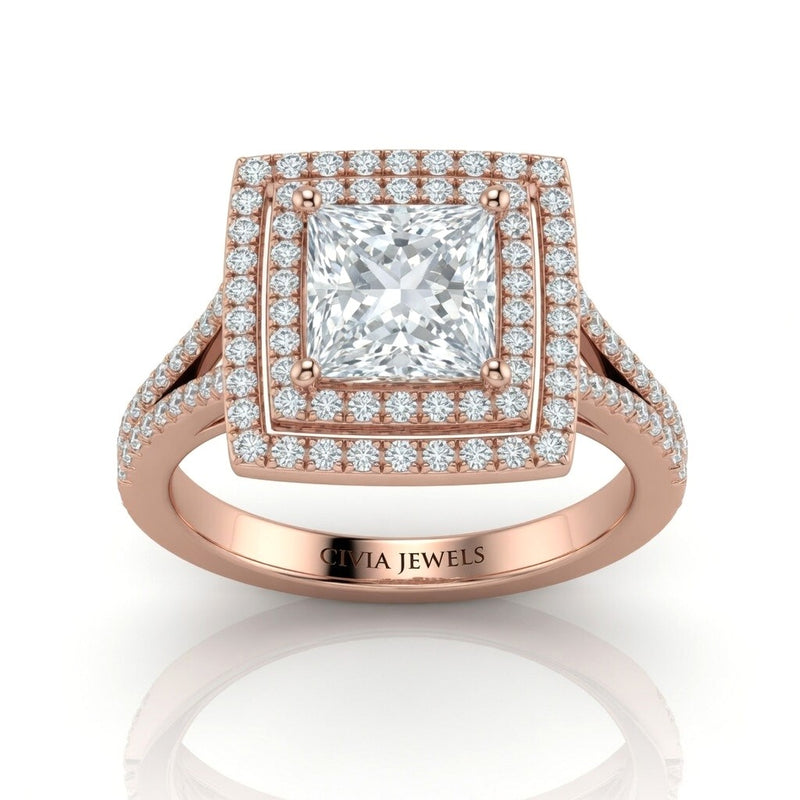 Rose Gold Seraphina Princess Double Halo Diamond Engagement Ring