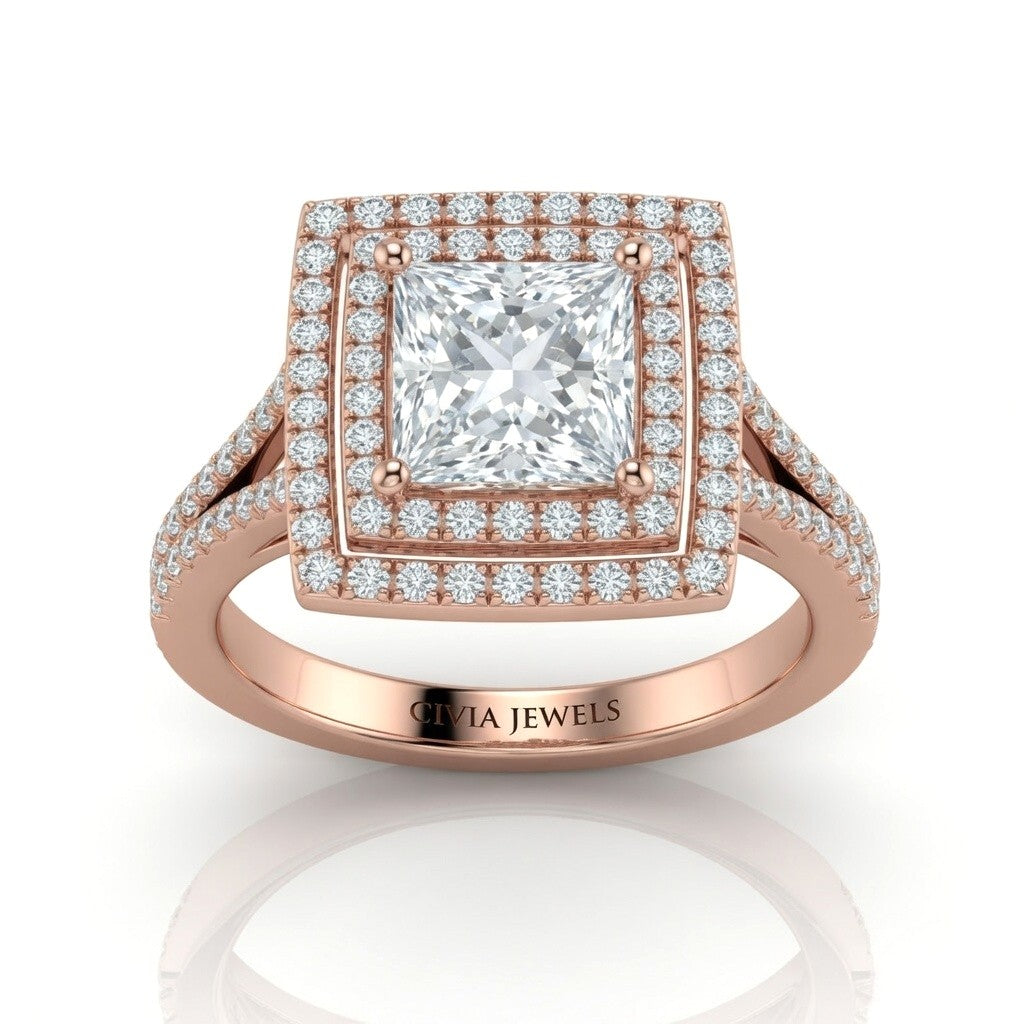 Rose Gold Seraphina Princess Double Halo Diamond Engagement Ring