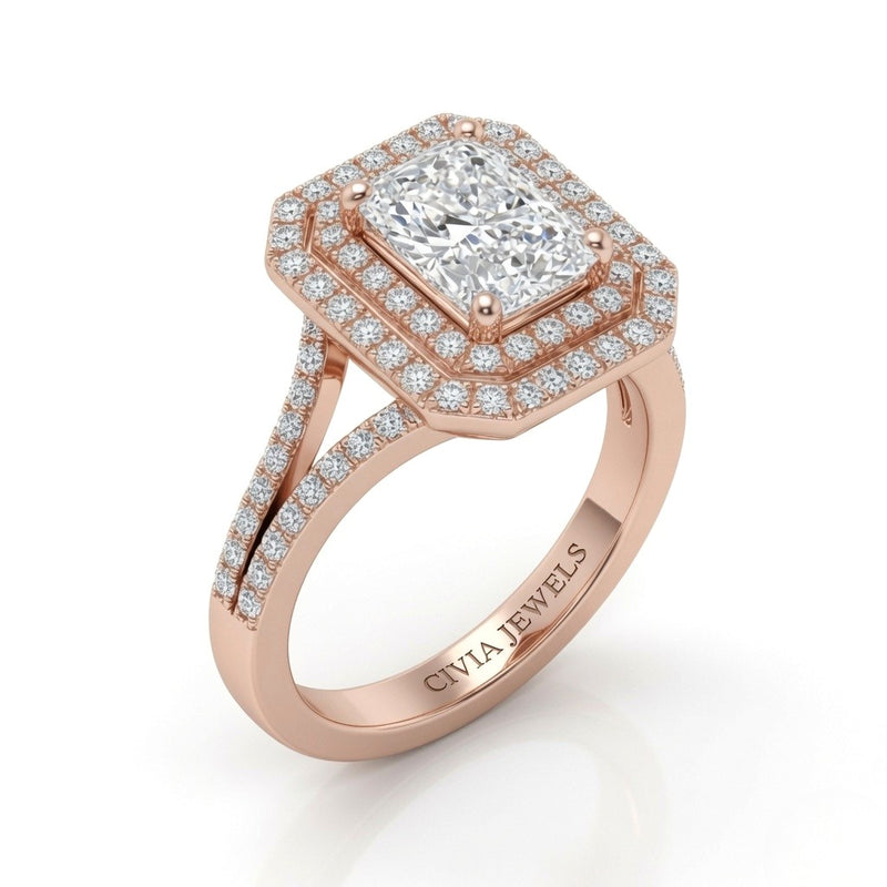 Rose Gold Seraphina Radiant Double Halo Diamond Engagement Ring