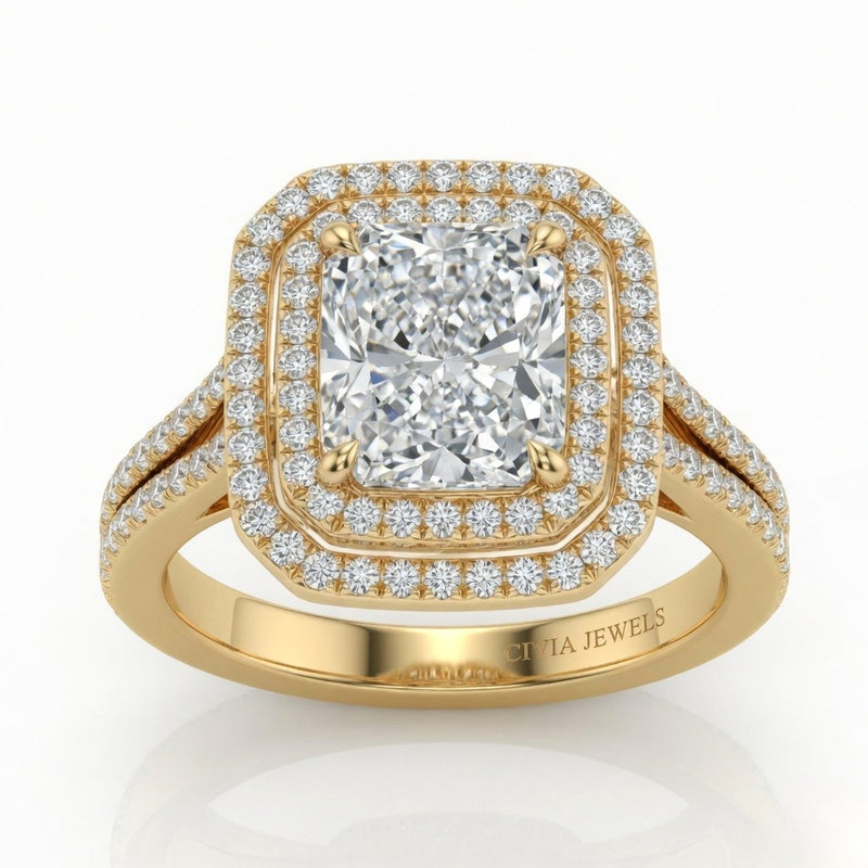 Yellow Gold Seraphina Radiant Double Halo Diamond Engagement Ring