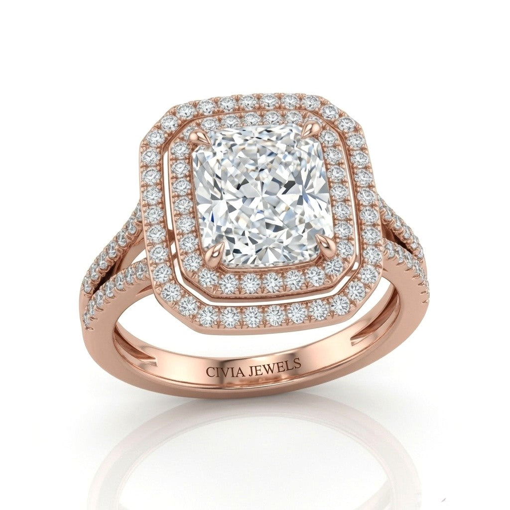 Rose Gold Seraphina Radiant Double Halo Diamond Engagement Ring