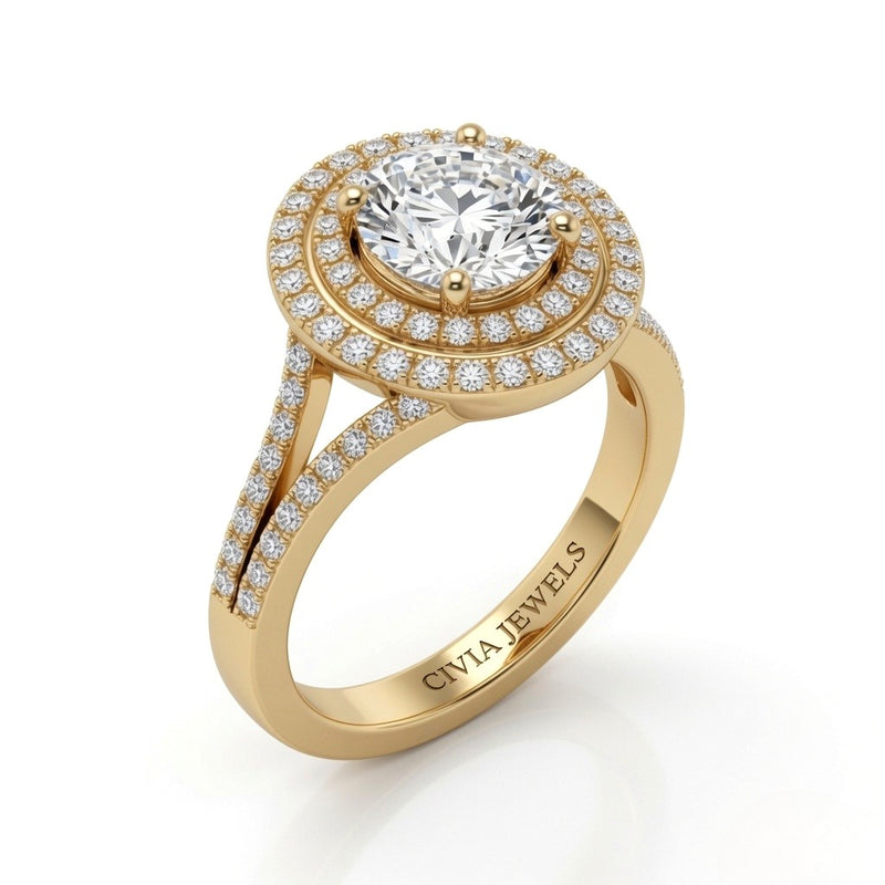 Yellow Gold Seraphina Round Double Halo Diamond Engagement Ring