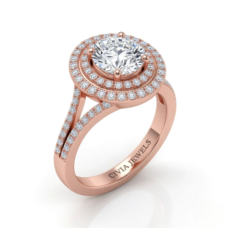 Rose Gold Seraphina Round Double Halo Diamond Engagement Ring
