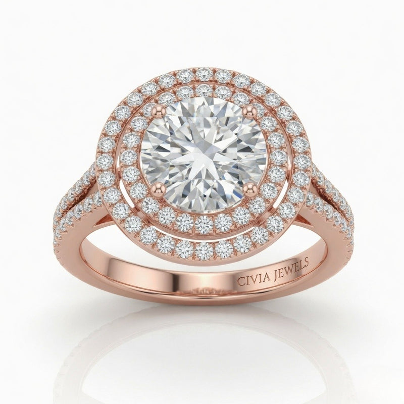 Rose Gold Seraphina Round Double Halo Diamond Engagement Ring