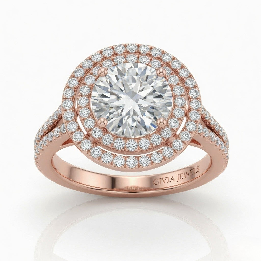 Rose Gold Seraphina Round Double Halo Diamond Engagement Ring