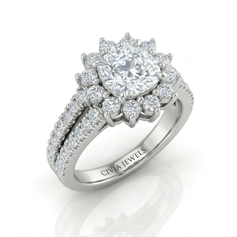 White Gold Solara Floral Cushion Diamond Engagement Ring