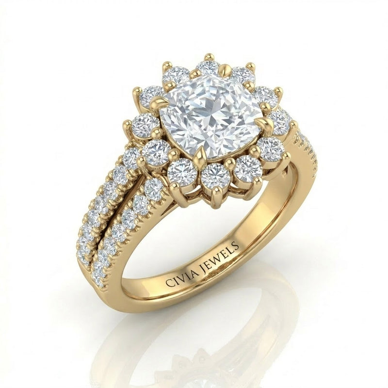 Yellow Gold Solara Floral Cushion Diamond Engagement Ring