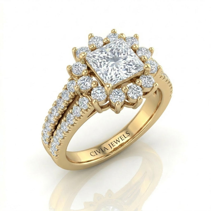 Yellow Gold Solara Floral Princess Diamond Engagement Ring