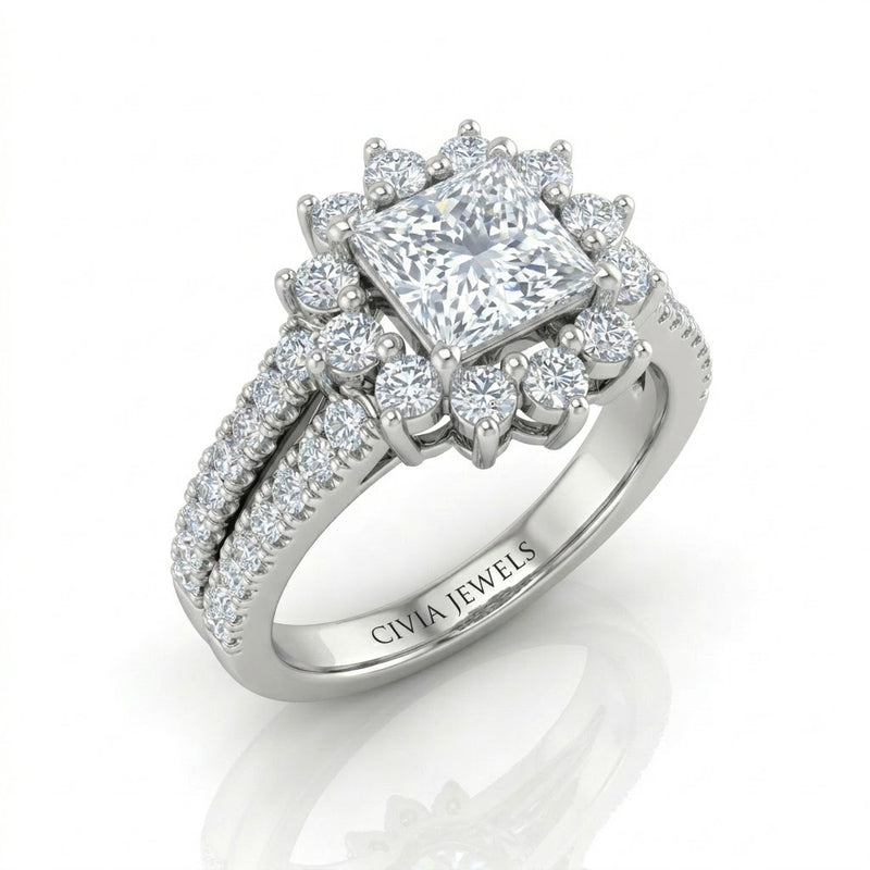Silver Solara Floral Princess Diamond Engagement Ring