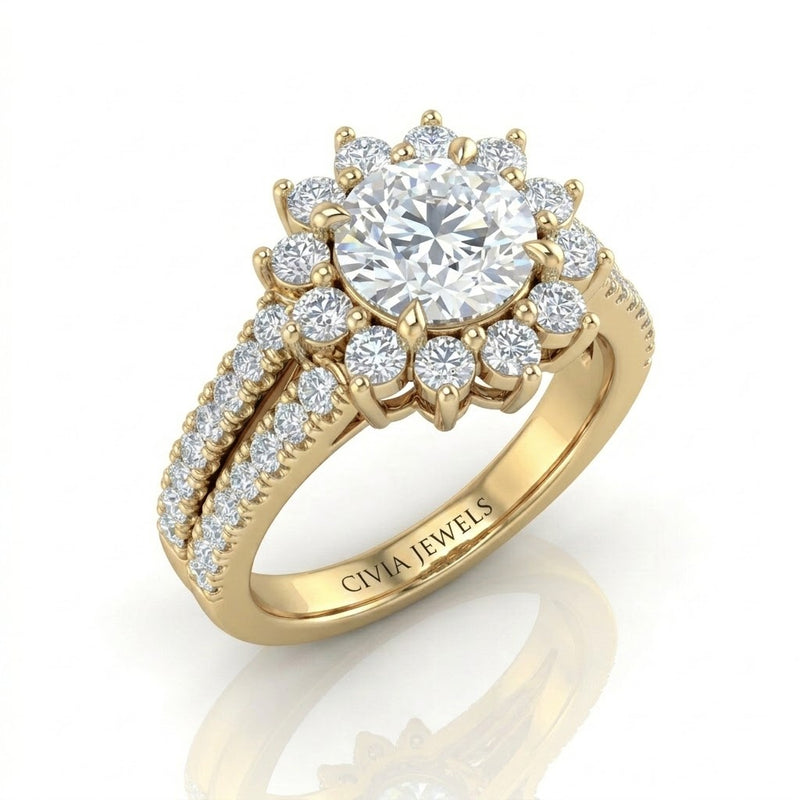 Yellow Gold Solara Floral Round Diamond Engagement Ring