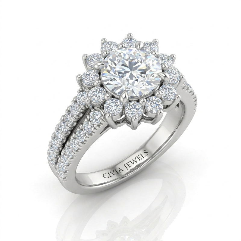 Silver Solara Floral Round Diamond Engagement Ring