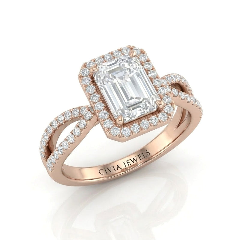 Rose Gold Veloura Infinity Halo Emerald Diamond Engagement Ring