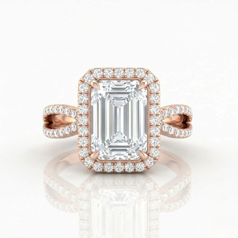 Rose Gold Veloura Infinity Halo Emerald Diamond Engagement Ring