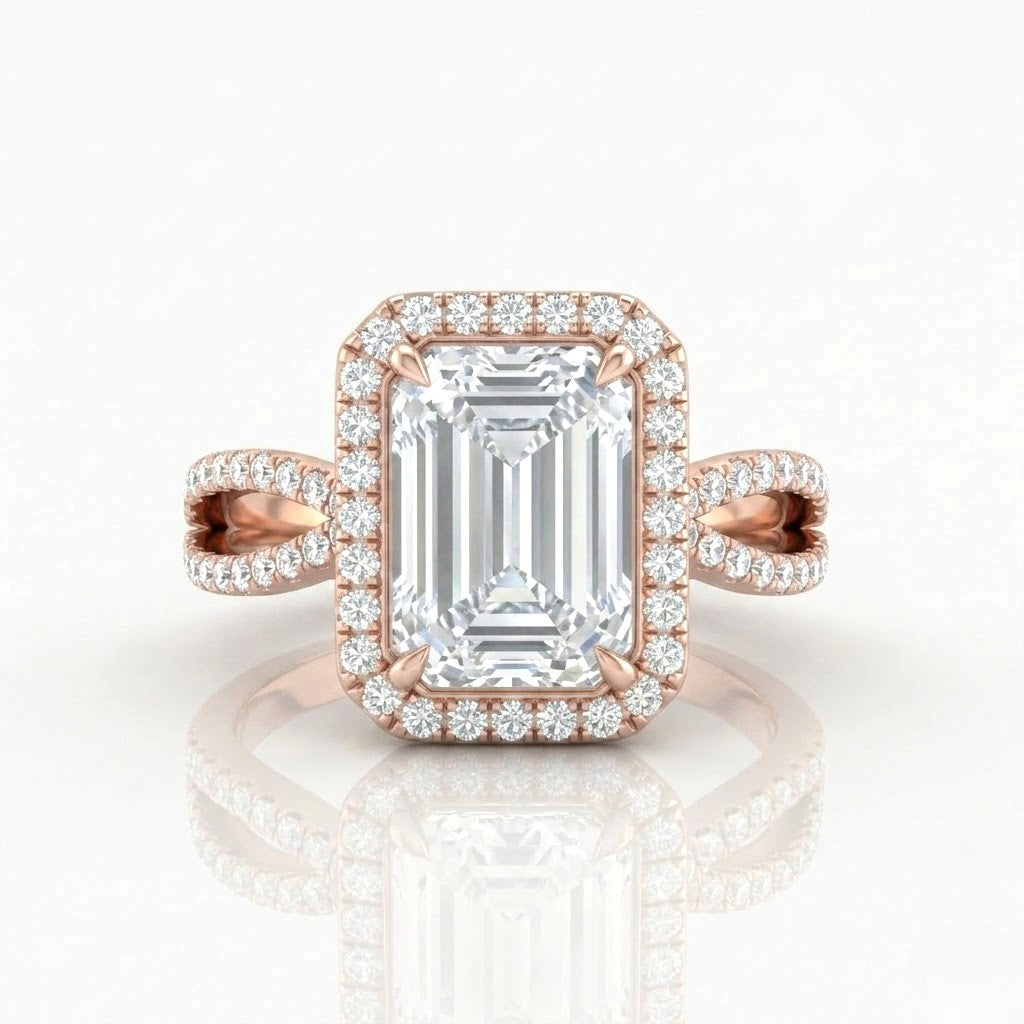 Rose Gold Veloura Infinity Halo Emerald Diamond Engagement Ring