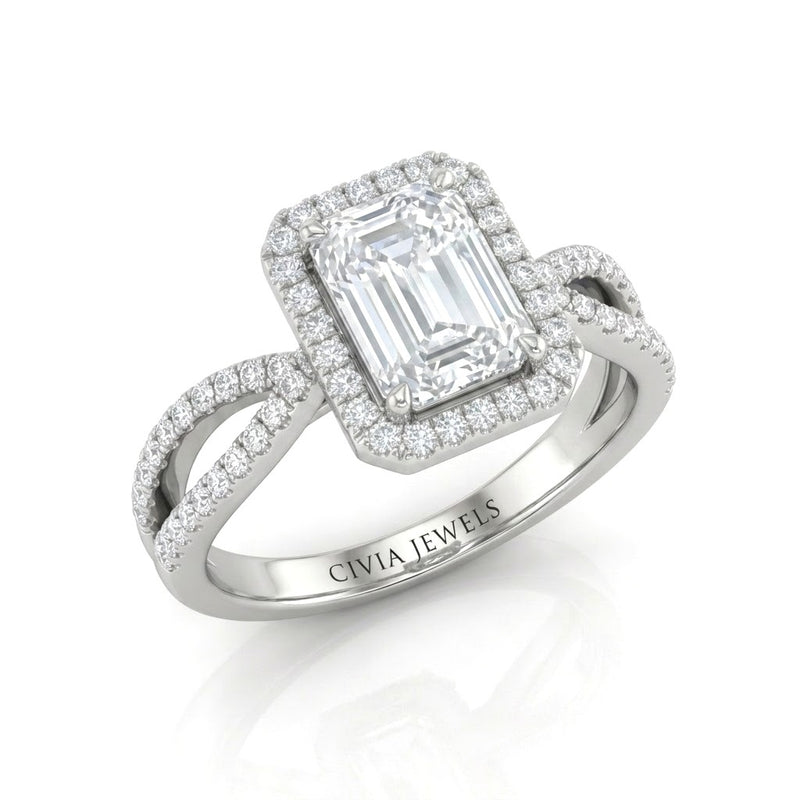 Silver Veloura Infinity Halo Emerald Diamond Engagement Ring