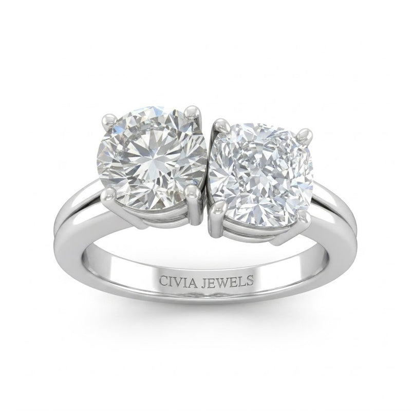 Silver Duoria Toi et Moi Round & Cushion Diamond Engagement Ring