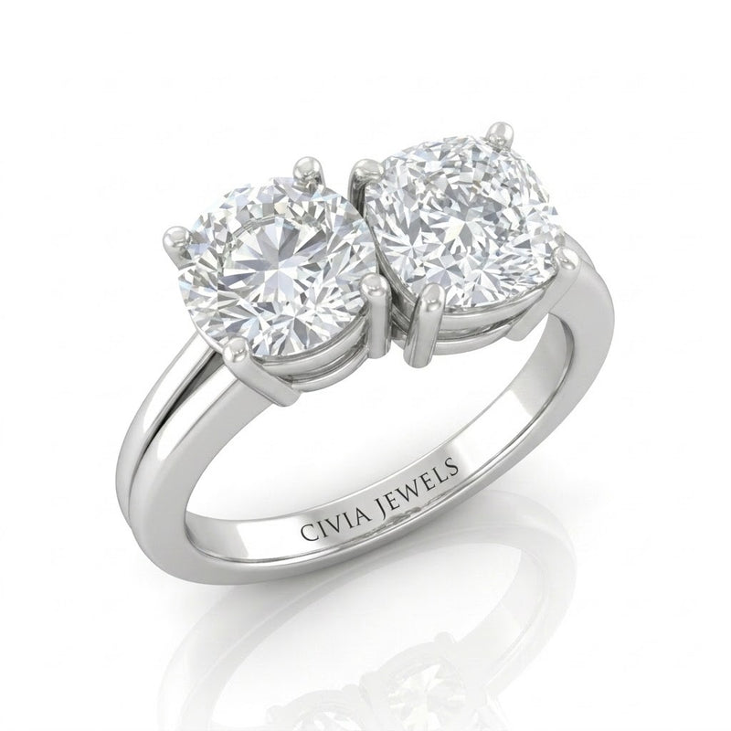 Silver Duoria Toi et Moi Round & Cushion Diamond Engagement Ring