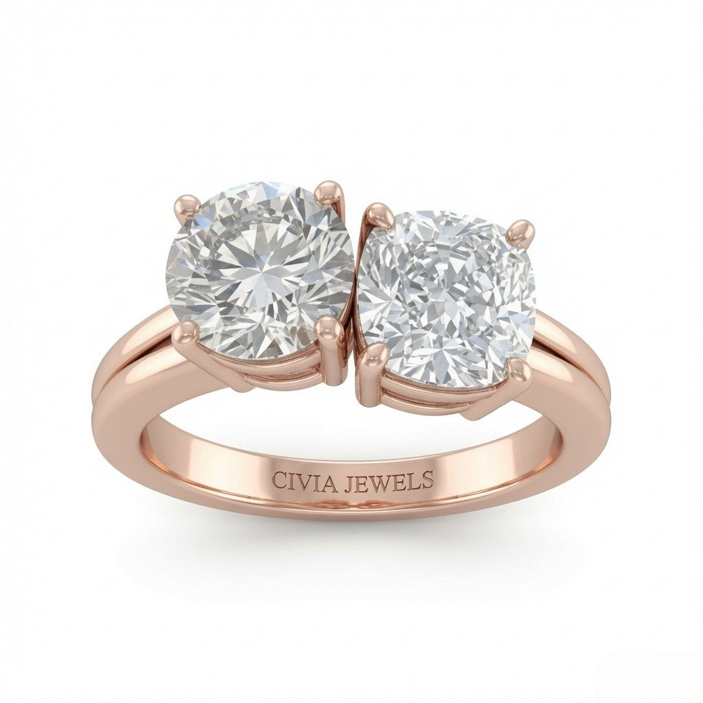 Rose Gold Duoria Toi et Moi Round & Cushion Diamond Engagement Ring