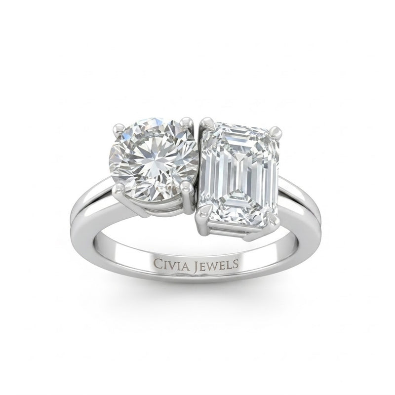 Silver Duoria Toi et Moi Round & Emerald Diamond Engagement Ring