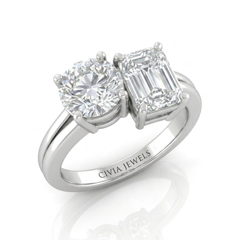 White Gold Duoria Toi et Moi Round & Emerald Diamond Engagement Ring