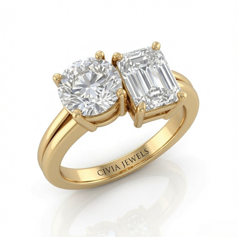 Yellow Gold Duoria Toi et Moi Round & Emerald Diamond Engagement Ring