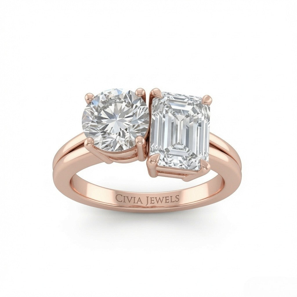Rose Gold Duoria Toi et Moi Round & Emerald Diamond Engagement Ring