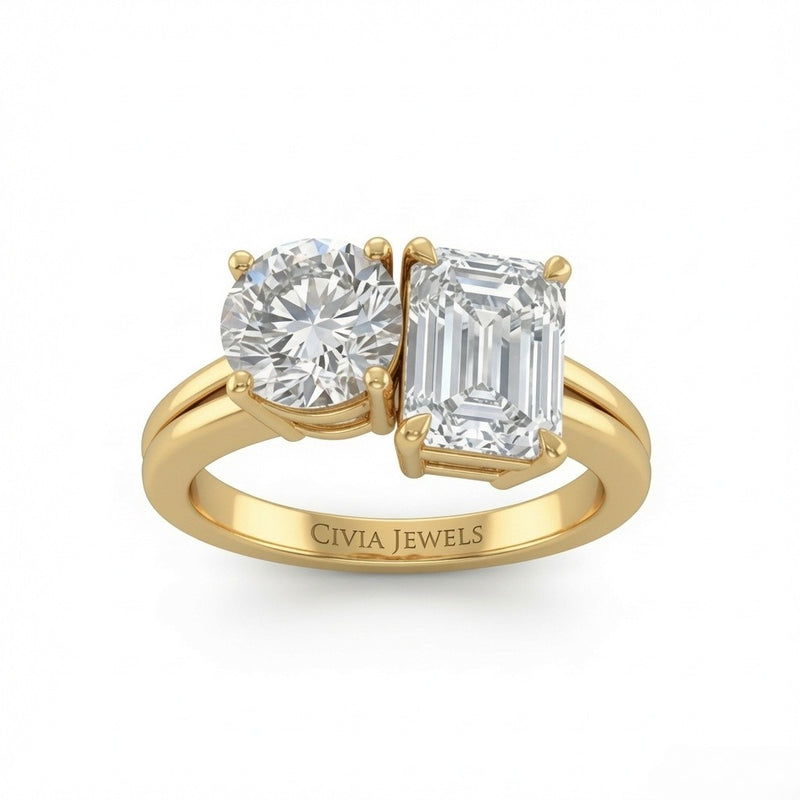 Yellow Gold Duoria Toi et Moi Round & Emerald Diamond Engagement Ring