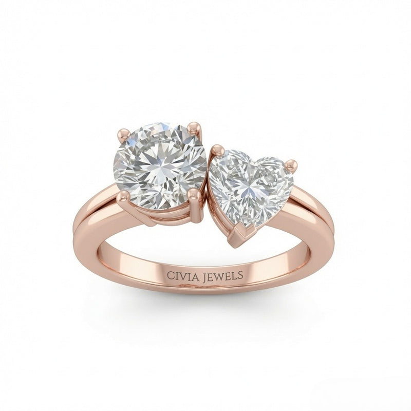 Rose Gold Duoria Toi et Moi Round & Heart Diamond Engagement Ring