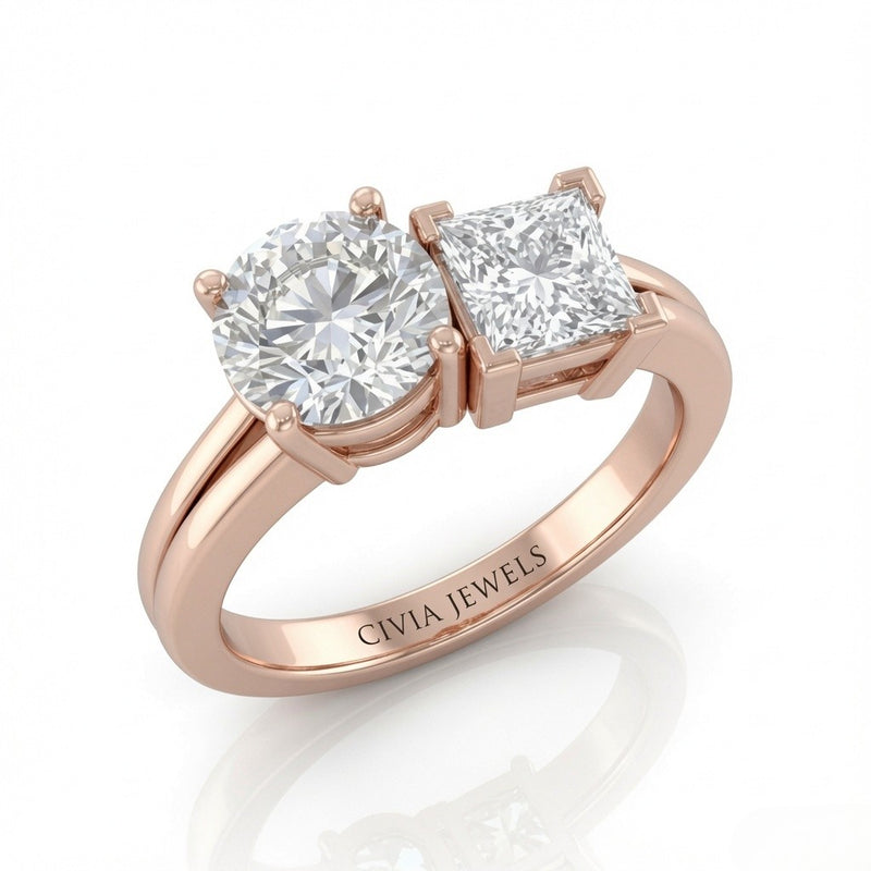 Rose Gold Duoria Toi et Moi Round & Princess Diamond Engagement Ring
